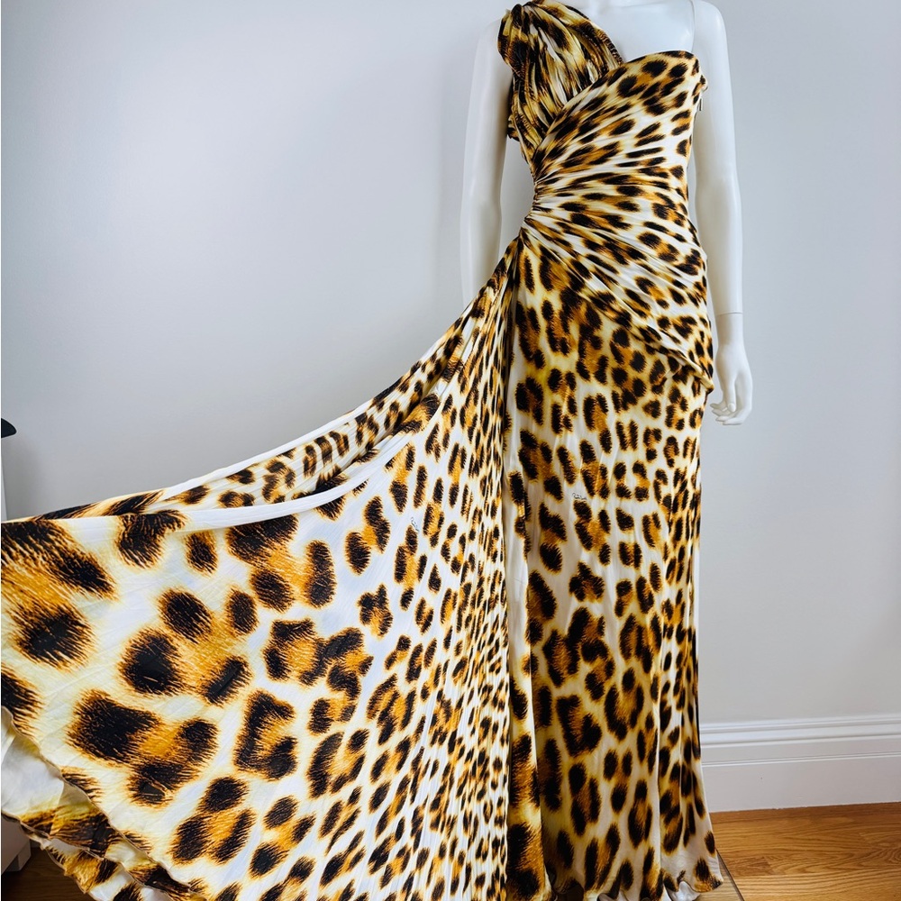 Roberto Cavalli Leopard Silk One Shoulder Draped Gown Dress Corset Bodice